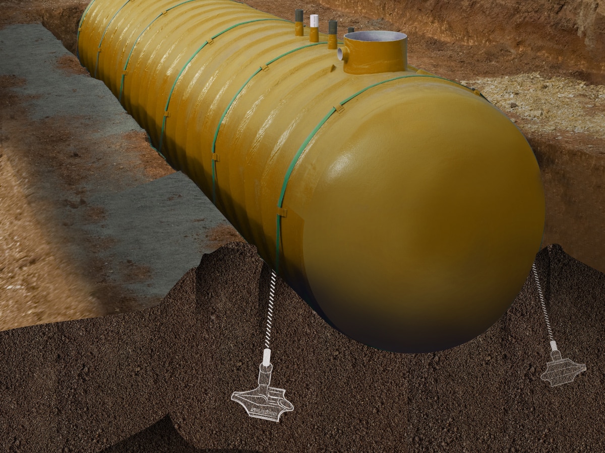 Illustration de l’ancrage d’une conduite souterraine avec le système d’ancrage au sol Platipus